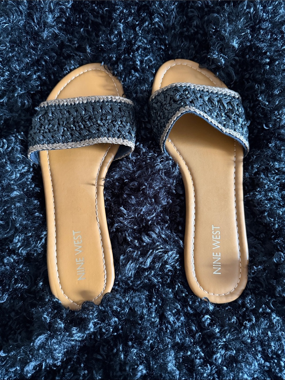 Nine West Black Woven Slide Sandals with Tan Footbed